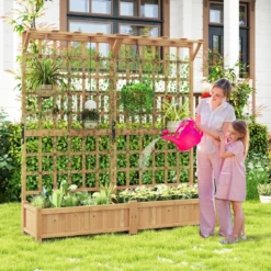 Blumenkasten mit Spalier & Dach Tannenholz Pflanzkasten mit Rankgitter Gartenspalier Natur