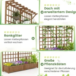 Blumenkasten mit Spalier & Dach Tannenholz Pflanzkasten mit Rankgitter Gartenspalier Braun