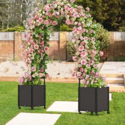 Blumenkasten Rosenbogen Spalier 2 Pflanzkästen auf Rollen Gartenpergola Gartenbogen Metall 200 x 42 x 200 cm Schwarz