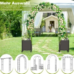 Blumenkasten Rosenbogen Spalier 2 Pflanzkästen auf Rollen Gartenpergola Gartenbogen Metall 200 x 42 x 200 cm Schwarz