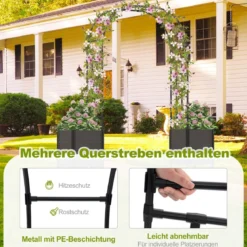 Blumenkasten Rosenbogen Spalier 2 Pflanzkästen auf Rollen Gartenpergola Gartenbogen Metall 200 x 42 x 200 cm Schwarz