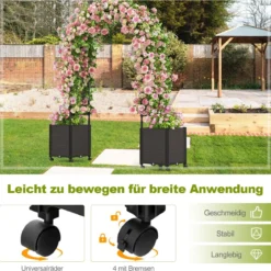 Blumenkasten Rosenbogen Spalier 2 Pflanzkästen auf Rollen Gartenpergola Gartenbogen Metall 200 x 42 x 200 cm Schwarz