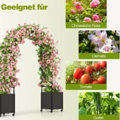 Blumenkasten Rosenbogen Spalier 2 Pflanzkästen auf Rollen Gartenpergola Gartenbogen Metall 200 x 42 x 200 cm Schwarz