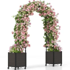 Blumenkasten Rosenbogen Spalier 2 Pflanzkästen auf Rollen Gartenpergola Gartenbogen Metall 200 x 42 x 200 cm Schwarz