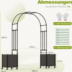 Blumenkasten Rosenbogen Spalier 2 Pflanzkästen auf Rollen Gartenpergola Gartenbogen Metall 200 x 42 x 200 cm Schwarz