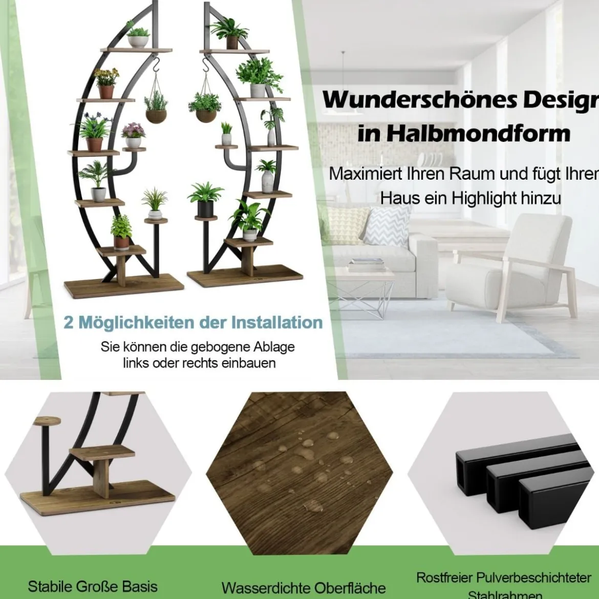 Blumenregal 6-Stufiger Metall-Pflanzenständer in Halbmondform (2 Stück)