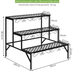 Blumenregal 3-Stufiger Metall-Pflanzenständer 70 x 60 x 60 cm Schwarz