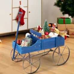 Blumenständer Holzwagen Pflanzwagen Blumenwagen mit Rädern aus Metall 62 x 34 x 60 cm Grau/Rot/Braun/Grün/Blau