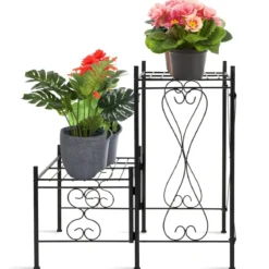 Blumentopfhalter 2-Stöckiger Metall-Pflanzenständer 60 x 60 x 60,5 cm Schwarz