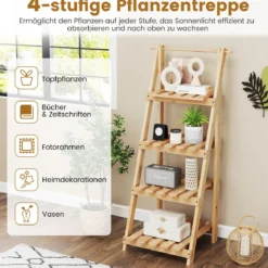 Blumentreppe klappbar Leiterregal mit 4 Ablagen Blumenregal aus Tannenholz Pflanzleiter Pflanzenregal Blumenständer Natur 52 x 38 x 109 cm