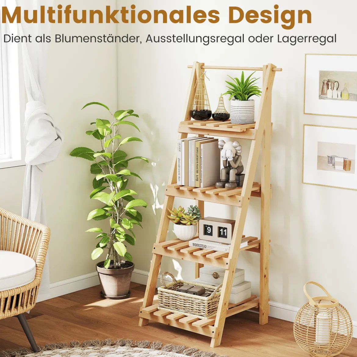 Blumentreppe klappbar Leiterregal mit 4 Ablagen Blumenregal aus Tannenholz Pflanzleiter Pflanzenregal Blumenständer Natur 52 x 38 x 109 cm