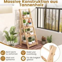 Blumentreppe klappbar Leiterregal mit 4 Ablagen Blumenregal aus Tannenholz Pflanzleiter Pflanzenregal Blumenständer Natur 52 x 38 x 109 cm