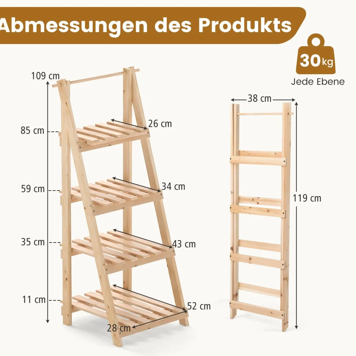 Blumentreppe klappbar Leiterregal mit 4 Ablagen Blumenregal aus Tannenholz Pflanzleiter Pflanzenregal Blumenständer Natur 52 x 38 x 109 cm