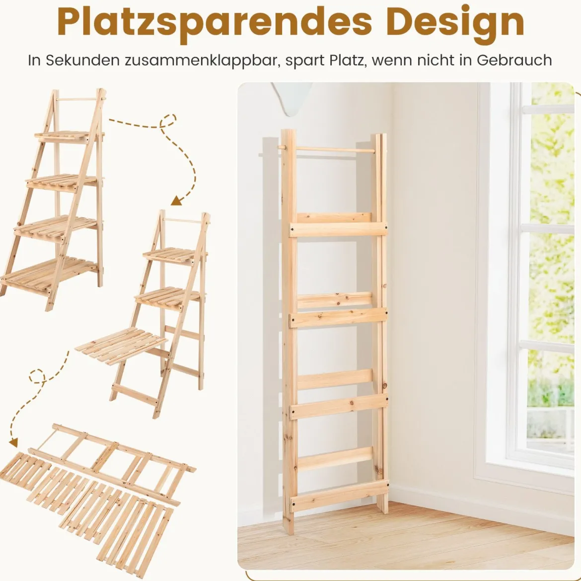 Blumentreppe klappbar Leiterregal mit 4 Ablagen Blumenregal aus Tannenholz Pflanzleiter Pflanzenregal Blumenständer Natur 52 x 38 x 109 cm