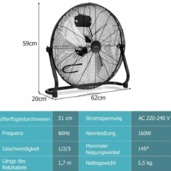 Bodenventilator φ51cm Windmaschine 160W mit 3 Geschwindigkeitsstufen Boden Ventilator im Chrom Design 145° einstellbarer Neigungswinkel