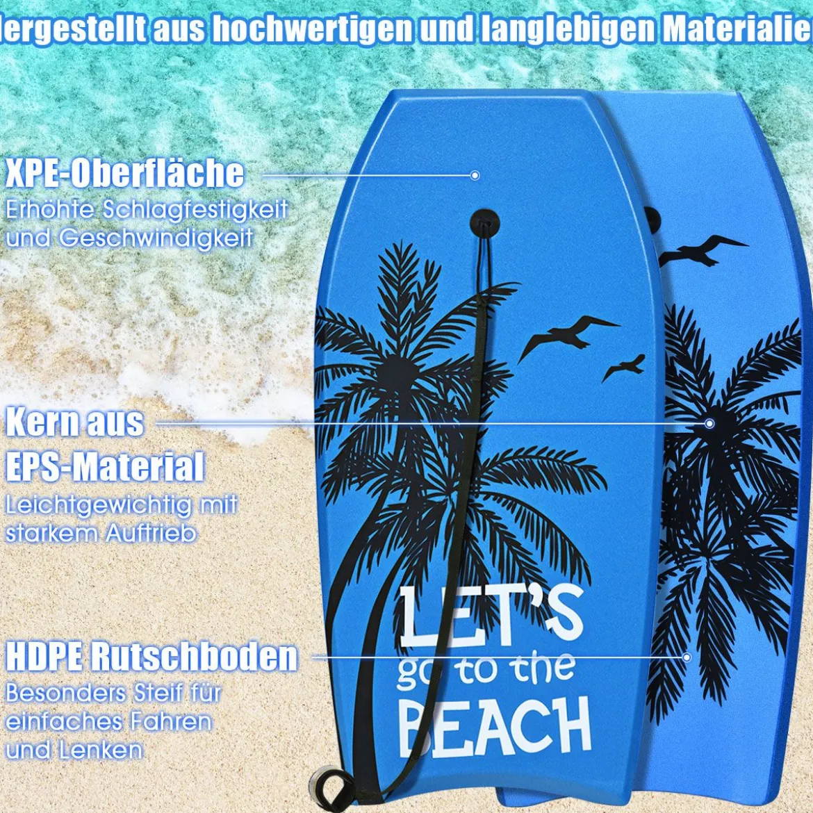 Bodyboard leichtgewichtig Schwimmbrett für den Strand für Kinder & Erwachsene 106cm Blau