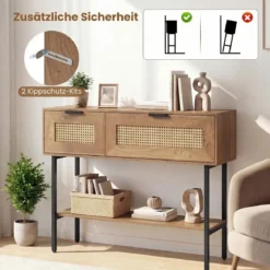 Boho Konsolentisch mit 2 Fächern & Offene Ablage Schmaler Flurtisch Blastbar bis 90 kg Natur