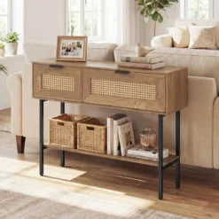 Boho Konsolentisch mit 2 Fächern & Offene Ablage Schmaler Flurtisch Blastbar bis 90 kg Natur