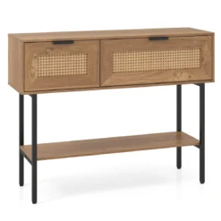 Boho Konsolentisch mit 2 Fächern & Offene Ablage Schmaler Flurtisch Blastbar bis 90 kg Natur