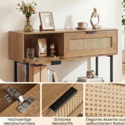 Boho Konsolentisch mit 2 Fächern & Offene Ablage Schmaler Flurtisch Blastbar bis 90 kg Natur