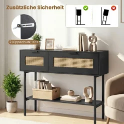 Boho Konsolentisch mit 2 Fächern & Offene Ablage Schmaler Flurtisch Blastbar bis 90 kg Schwarz