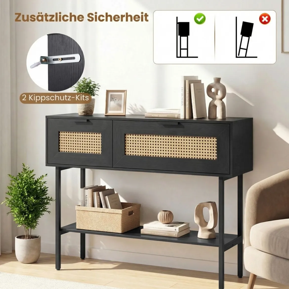 Boho Konsolentisch mit 2 Fächern & Offene Ablage Schmaler Flurtisch Blastbar bis 90 kg Schwarz