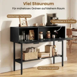 Boho Konsolentisch mit 2 Fächern & Offene Ablage Schmaler Flurtisch Blastbar bis 90 kg Schwarz