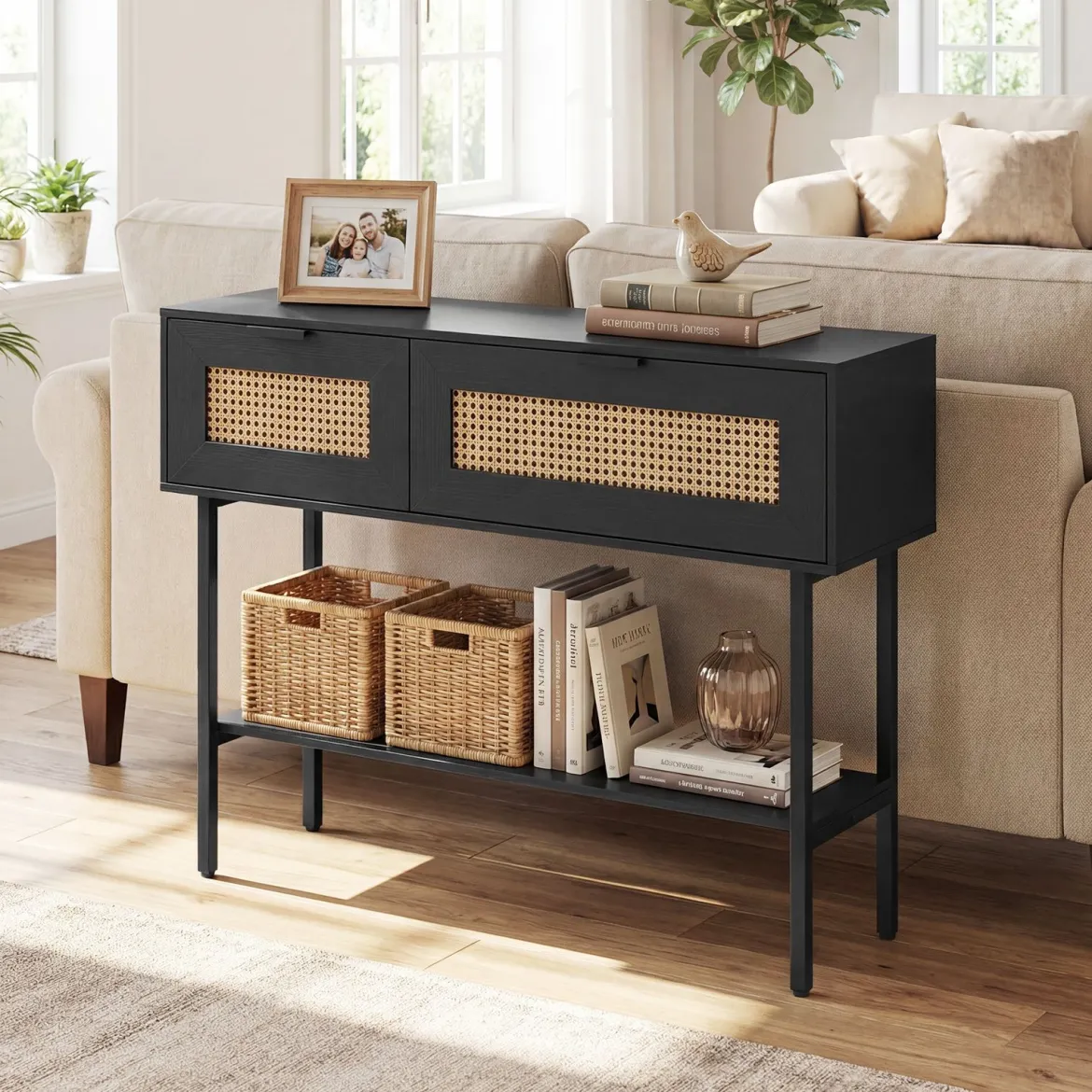 Boho Konsolentisch mit 2 Fächern & Offene Ablage Schmaler Flurtisch Blastbar bis 90 kg Schwarz
