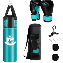 Boxsack Set mit 8oz Boxhandschuhen Handschlaufen Tasche Punchingsack für Kinder und Erwachsene Schwarz + Grün