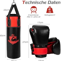 Boxsack Set mit 8oz Boxhandschuhen Handschlaufen Tasche Punchingsack für Kinder und Erwachsene Schwarz + Rot
