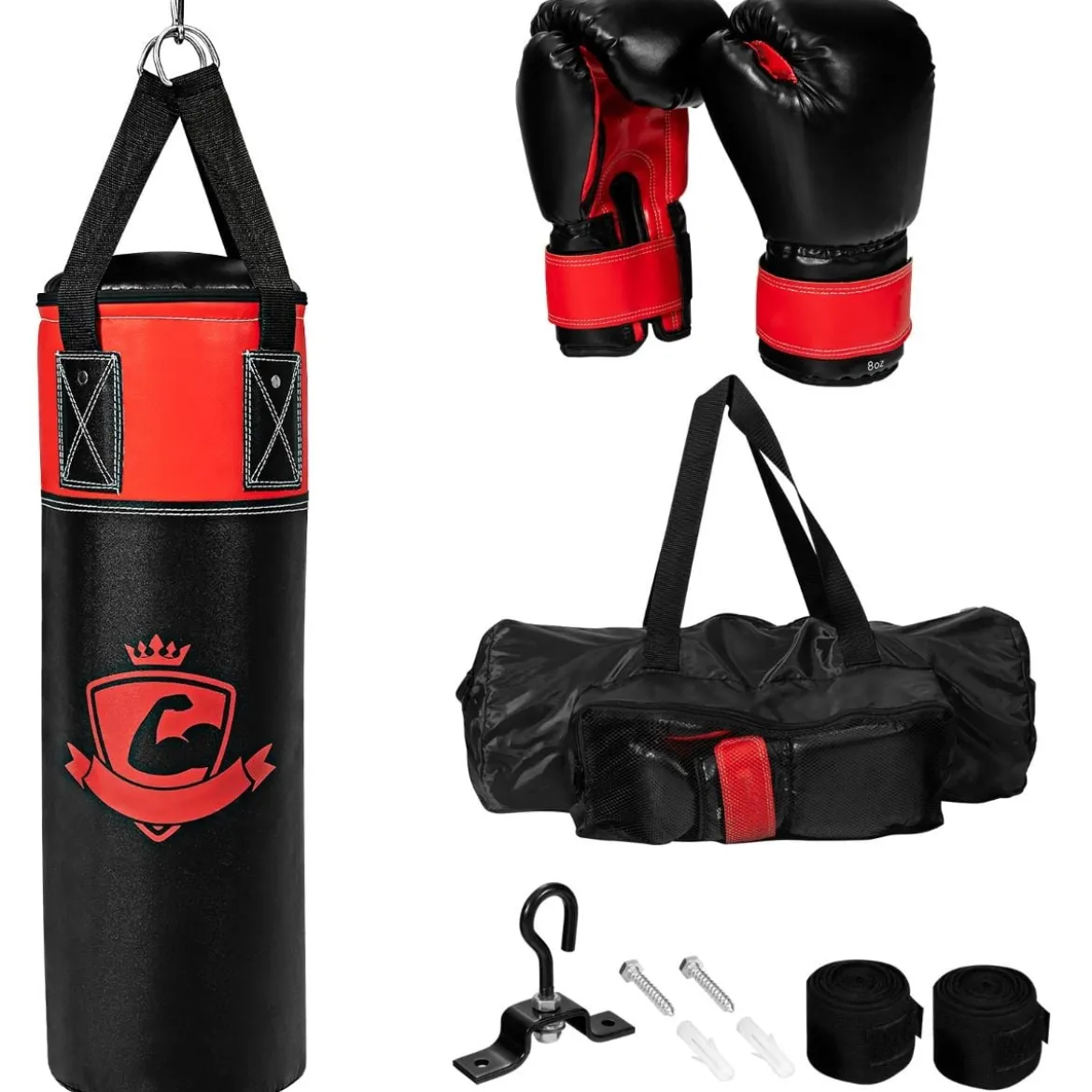 Boxsack Set mit 8oz Boxhandschuhen Handschlaufen Tasche Punchingsack für Kinder und Erwachsene Schwarz + Rot