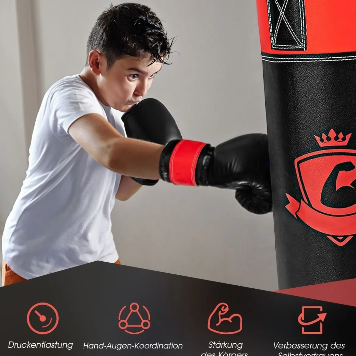 Boxsack Set mit 8oz Boxhandschuhen Handschlaufen Tasche Punchingsack für Kinder und Erwachsene Schwarz + Rot
