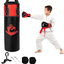 Boxsack Set mit 8oz Boxhandschuhen Handschlaufen Tasche Punchingsack für Kinder und Erwachsene Schwarz + Rot