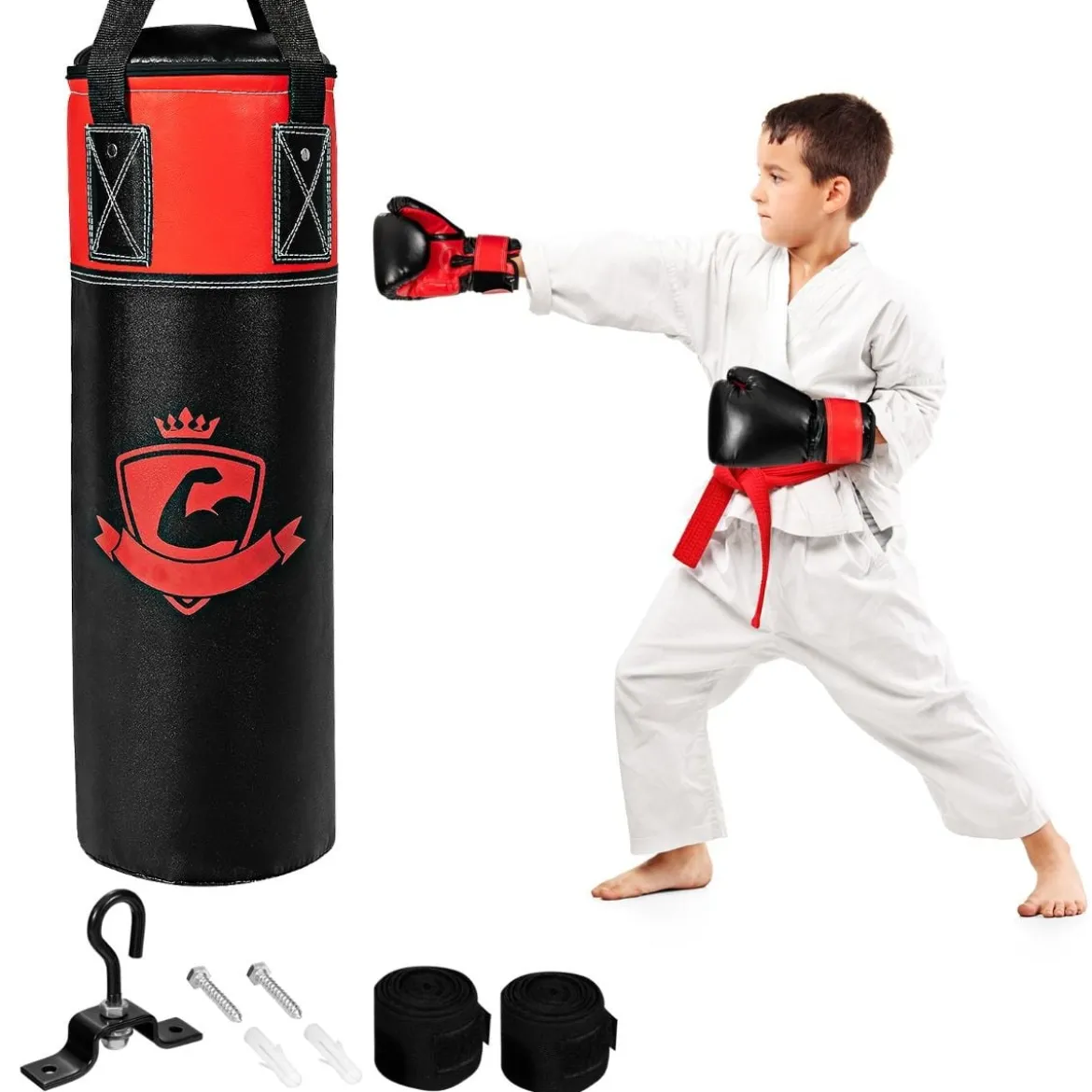 Boxsack Set mit 8oz Boxhandschuhen Handschlaufen Tasche Punchingsack für Kinder und Erwachsene Schwarz + Rot