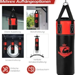 Boxsack Set mit 8oz Boxhandschuhen Handschlaufen Tasche Punchingsack für Kinder und Erwachsene Schwarz + Rot