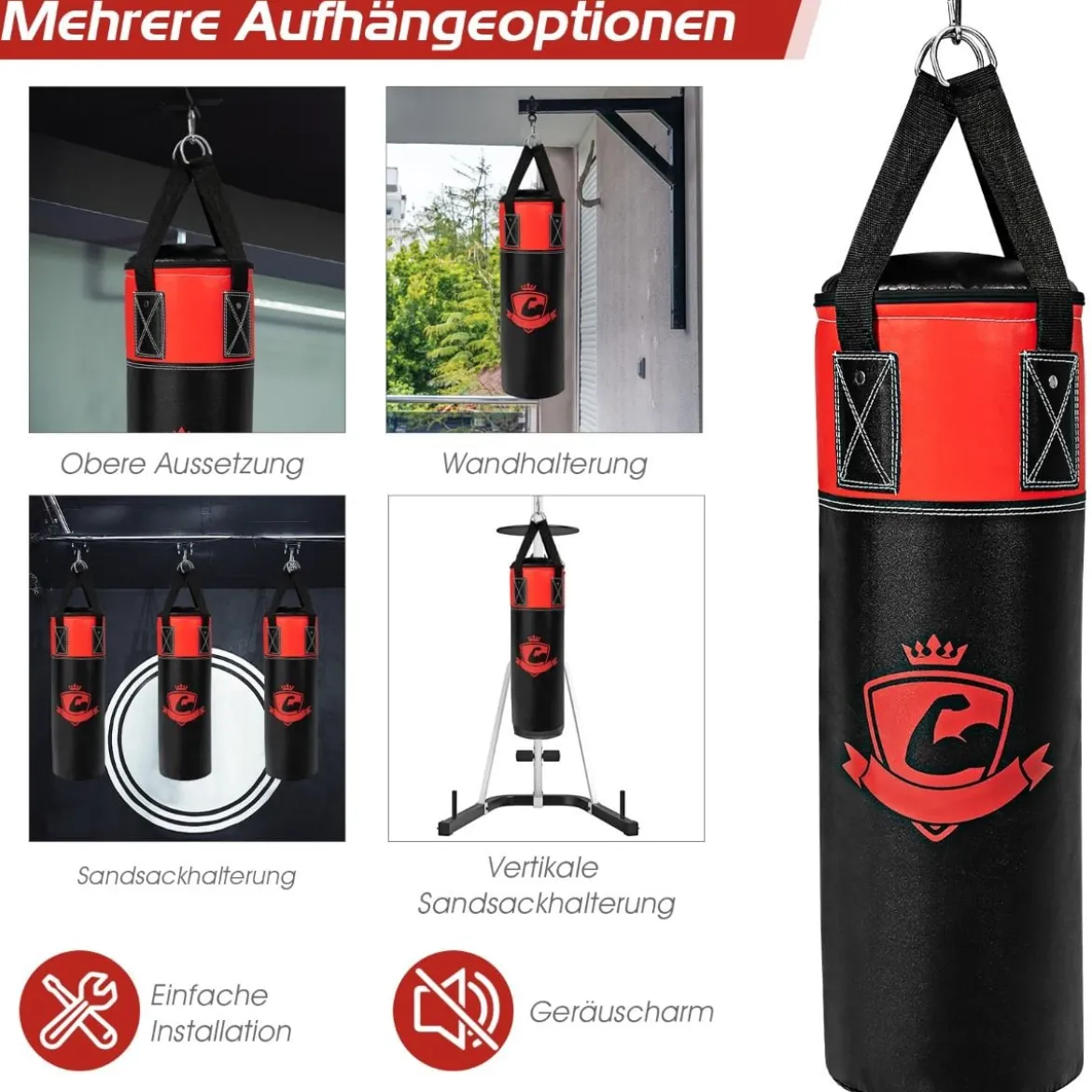 Boxsack Set mit 8oz Boxhandschuhen Handschlaufen Tasche Punchingsack für Kinder und Erwachsene Schwarz + Rot