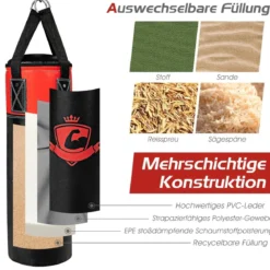 Boxsack Set mit 8oz Boxhandschuhen Handschlaufen Tasche Punchingsack für Kinder und Erwachsene Schwarz + Rot