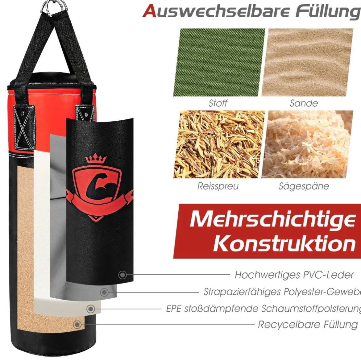 Boxsack Set mit 8oz Boxhandschuhen Handschlaufen Tasche Punchingsack für Kinder und Erwachsene Schwarz + Rot