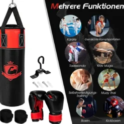 Boxsack Set mit 8oz Boxhandschuhen Handschlaufen Tasche Punchingsack für Kinder und Erwachsene Schwarz + Rot