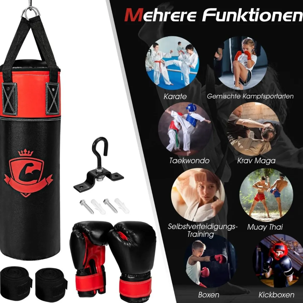 Boxsack Set mit 8oz Boxhandschuhen Handschlaufen Tasche Punchingsack für Kinder und Erwachsene Schwarz + Rot