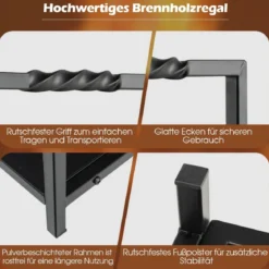 Brennholzregal Kaminholzregal Metall Feuerholzregal Holzscheitregal mit Sockel & Griffen