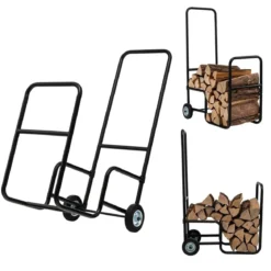 Brennholz-Transporter Holzlagerwagen mit 2 Räder Kaminholzregal Metall 57 x 41,5 x 90 cm Schwarz