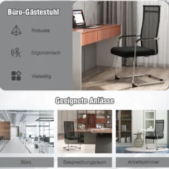 Büro-Gästestühle im 2er-Set Konferenzstuhl für Besprechungsräume mit Metall-Kufenfuß 55 x 64 x 108 cm Schwarz