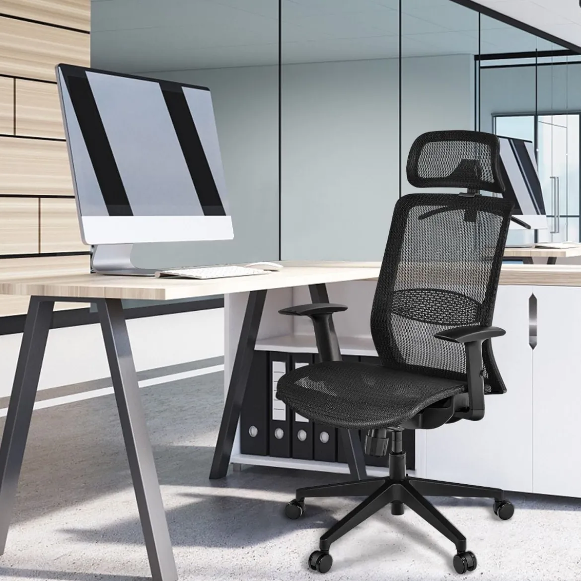 Bürostuhl auf Rollen Ergonomischer Netz Bürostuhl Gamingstuhl 68 x 68 x 114,5-124,5 cm Schwarz