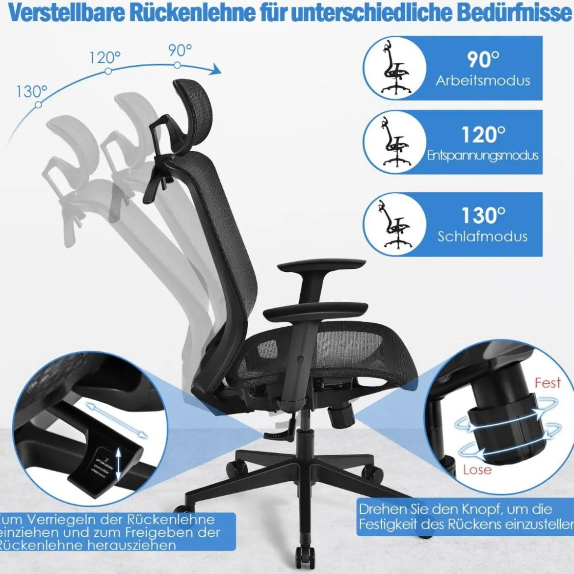 Bürostuhl auf Rollen Ergonomischer Netz Bürostuhl Gamingstuhl 68 x 68 x 114,5-124,5 cm Schwarz