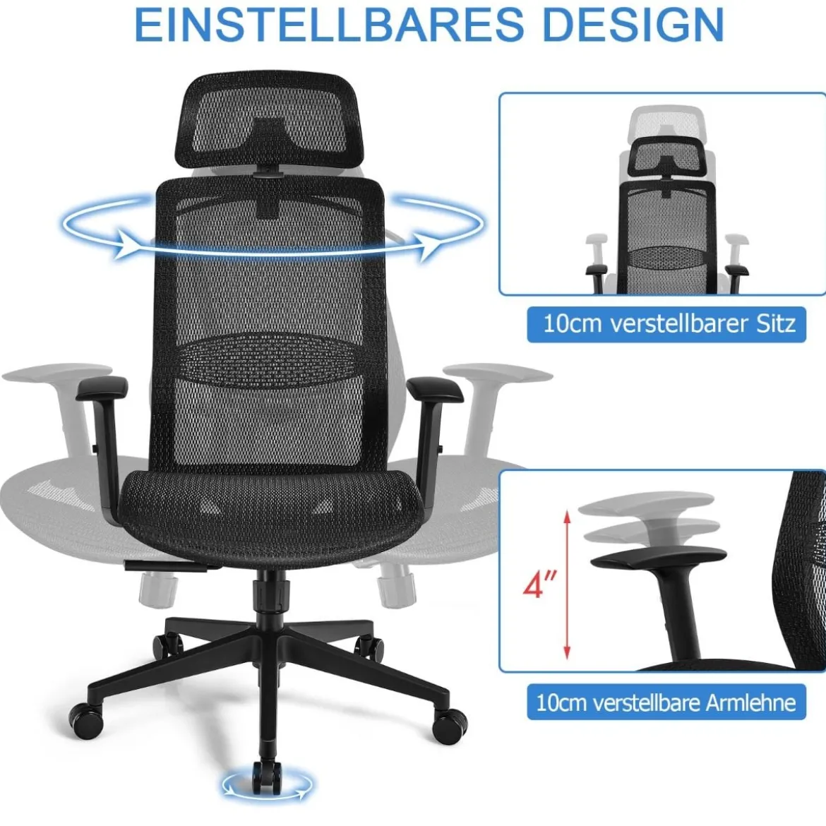 Bürostuhl auf Rollen Ergonomischer Netz Bürostuhl Gamingstuhl 68 x 68 x 114,5-124,5 cm Schwarz