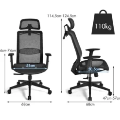 Bürostuhl auf Rollen Ergonomischer Netz Bürostuhl Gamingstuhl 68 x 68 x 114,5-124,5 cm Schwarz