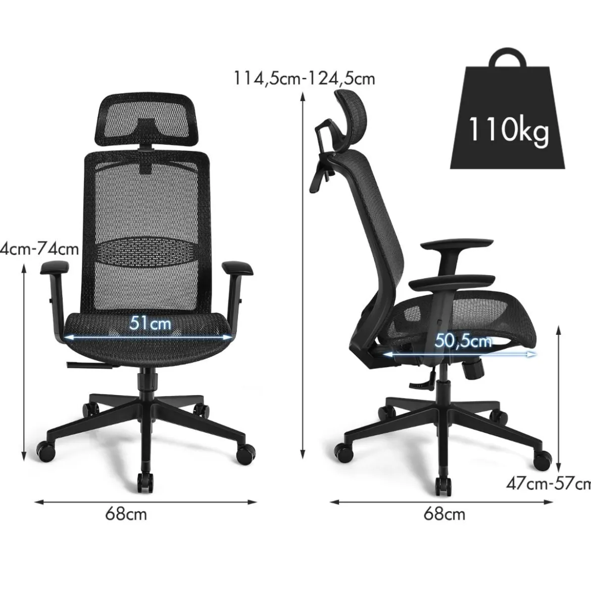 Bürostuhl auf Rollen Ergonomischer Netz Bürostuhl Gamingstuhl 68 x 68 x 114,5-124,5 cm Schwarz