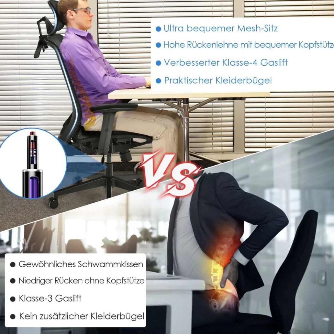 Bürostuhl auf Rollen Ergonomischer Netz Bürostuhl Gamingstuhl 68 x 68 x 114,5-124,5 cm Schwarz
