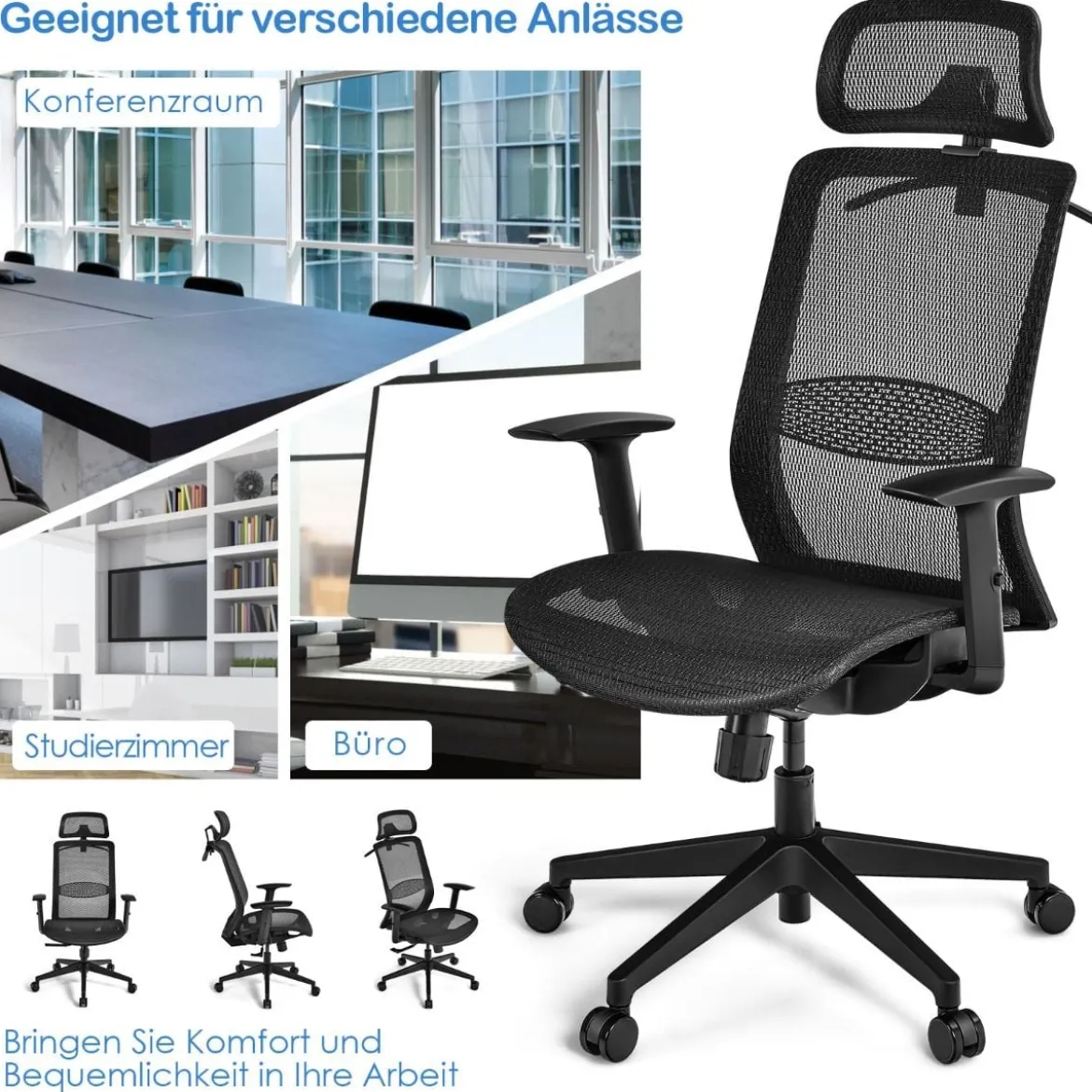 Bürostuhl auf Rollen Ergonomischer Netz Bürostuhl Gamingstuhl 68 x 68 x 114,5-124,5 cm Schwarz